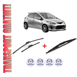 Set 3 stergatoare MAZDA 2 (DE_, DH_) din 2007 - 2015, pentru parbriz si luneta fata si spate auto, Bosch Twin, din cauciuc siliconat rezistent, 4 Stickere Auto MAZDA