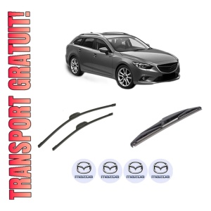 Set 3 stergatoare MAZDA 6 Estate (GJ, GL) din 2012-2020, pentru parbriz si luneta fata si spate auto, Bosch Twin-Aerotwin, din cauciuc siliconat rezistent, 4 Stickere Auto MAZDA