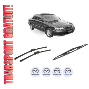 Set 3 stergatoare MAZDA 626 V Hatchback (GF) din 1997-2002, pentru parbriz si luneta fata si spate auto, Bosch Twin-Aerotwin Retrofit, din cauciuc siliconat rezistent, 4 Stickere Auto MAZDA