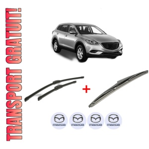 Set 3 stergatoare MAZDA CX-9 (TB) din 2006 - 2007, pentru parbriz si luneta fata si spate auto, Bosch Twin, din cauciuc siliconat rezistent, 4 Stickere Auto MAZDA