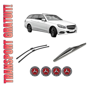 Set 3 stergatoare MERCEDES-BENZ E-CLASS T-Model (S212) din 2009-2016, pentru parbriz si luneta fata si spate auto, Bosch Twin-Aerotwin, din cauciuc siliconat rezistent, 4 Stickere Auto MERCEDES-BENZ