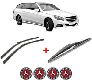 Set 3 stergatoare MERCEDES-BENZ E-CLASS T-Model (S212) din 2009 - 2016, pentru parbriz si luneta fata si spate auto, Bosch Twin, din cauciuc siliconat rezistent, 4 Stickere Auto MERCEDES-BENZ v8753