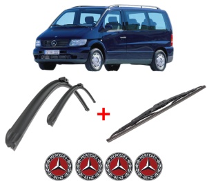 Set 3 stergatoare MERCEDES-BENZ V-CLASS Van (638/2) din 1996 - 2003, pentru parbriz si luneta fata si spate auto, Bosch Twin, din cauciuc siliconat rezistent, 4 Stickere Auto MERCEDES-BENZ v11033