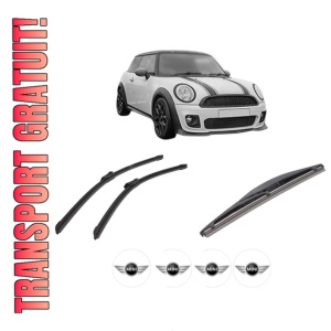 Set 3 stergatoare MINI MINI CLUBMAN (F54) din 2014-2024, pentru parbriz si luneta fata si spate auto, Bosch Twin-Aerotwin, din cauciuc siliconat rezistent, 4 Stickere Auto MINI