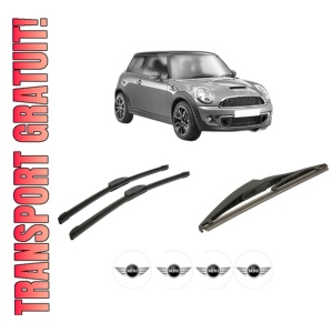 Set 3 stergatoare MINI MINI (R56) din 2006-2013, pentru parbriz si luneta fata si spate auto, Bosch Twin-Aerotwin Retrofit, din cauciuc siliconat rezistent, 4 Stickere Auto MINI