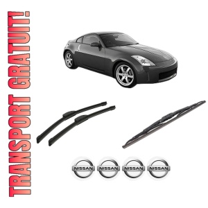 Set 3 stergatoare NISSAN 350Z Coupe (Z33) din 2002-2008, pentru parbriz si luneta fata si spate auto, Bosch Twin-Aerotwin Retrofit, din cauciuc siliconat rezistent, 4 Stickere Auto NISSAN