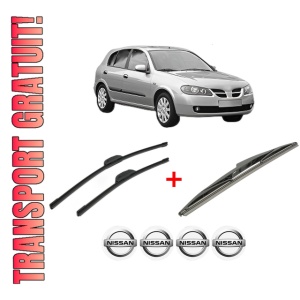 Set 3 stergatoare NISSAN ALMERA II Hatchback (N16) din 2000 - 2006, pentru parbriz si luneta fata si spate auto, Bosch Twin, din cauciuc siliconat rezistent, 4 Stickere Auto NISSAN