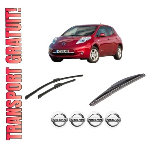 Set 3 stergatoare NISSAN LEAF (ZE0) din 2010-2017, pentru parbriz si luneta fata si spate auto, Bosch Twin-Aerotwin Retrofit, din cauciuc siliconat rezistent, 4 Stickere Auto NISSAN