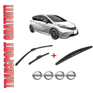 Set 3 stergatoare NISSAN NOTE (E12) din 2012 - 2016, pentru parbriz si luneta fata si spate auto, Bosch Twin, din cauciuc siliconat rezistent, 4 Stickere Auto NISSAN