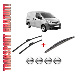 Set 3 stergatoare NISSAN NV200 Van din 2010 - 2013, pentru parbriz si luneta fata si spate auto, Bosch Twin, din cauciuc siliconat rezistent, 4 Stickere Auto NISSAN