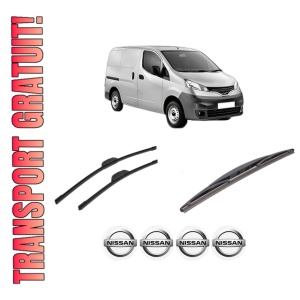Set 3 stergatoare NISSAN NV200 Van din 2010-2014, pentru parbriz si luneta fata si spate auto, Bosch Twin-Aerotwin Retrofit, din cauciuc siliconat rezistent, 4 Stickere Auto NISSAN