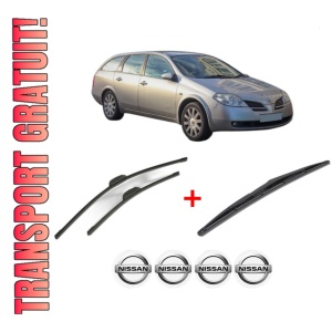 Set 3 stergatoare NISSAN PRIMERA Hatchback (P12) din 2002 - 2008, pentru parbriz si luneta fata si spate auto, Bosch Twin, din cauciuc siliconat rezistent, 4 Stickere Auto NISSAN