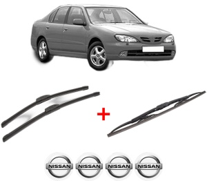 Set 3 stergatoare NISSAN PRIMERA (P11) din 1996 - 2001, pentru parbriz si luneta fata si spate auto, Bosch Twin, din cauciuc siliconat rezistent, 4 Stickere Auto NISSAN v9293