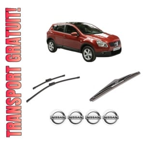 Set 3 stergatoare NISSAN QASHQAI +2 (JJ10E) din 2007-2014, pentru parbriz si luneta fata si spate auto, Bosch Twin-Aerotwin, din cauciuc siliconat rezistent, 4 Stickere Auto NISSAN
