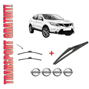 Set 3 stergatoare NISSAN QASHQAI II (J11, J11_) din 2013, pentru parbriz si luneta fata si spate auto, Valeo Silencio, din cauciuc siliconat rezistent, 4 Stickere Auto NISSAN