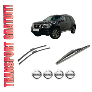 Set 3 stergatoare NISSAN TERRANO (D10) din 2014-2015, pentru parbriz si luneta fata si spate auto, Bosch Twin-Aerotwin Retrofit, din cauciuc siliconat rezistent, 4 Stickere Auto NISSAN