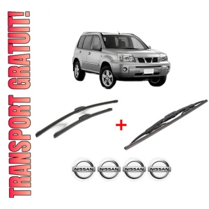 Set 3 stergatoare NISSAN X-TRAIL I (T30) din 2001 - 2013, pentru parbriz si luneta fata si spate auto, Bosch Twin, din cauciuc siliconat rezistent, 4 Stickere Auto NISSAN