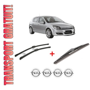 Set 3 stergatoare OPEL ASTRA H (A04) din 2004 - 2014, pentru parbriz si luneta fata si spate auto, Bosch Twin, din cauciuc siliconat rezistent, 4 Stickere Auto OPEL