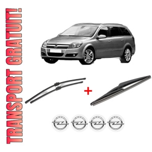 Set 3 stergatoare OPEL ASTRA H Estate (A04) din 2004 - 2014, pentru parbriz si luneta fata si spate auto, Valeo Silencio, din cauciuc siliconat rezistent, 4 Stickere Auto OPEL