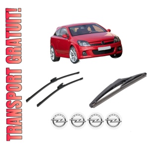 Set 3 stergatoare OPEL ASTRA H GTC (A04) din 2005-2010, pentru parbriz si luneta fata si spate auto, Bosch Twin-Aerotwin Multi, din cauciuc siliconat rezistent, 4 Stickere Auto OPEL