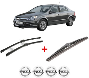 Set 3 stergatoare OPEL ASTRA H Saloon (A04) din 2007 - 2014, pentru parbriz si luneta fata si spate auto, Bosch Twin, din cauciuc siliconat rezistent, 4 Stickere Auto OPEL v6353