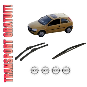 Set 3 stergatoare OPEL CORSA C (X01) din 2000-2009, pentru parbriz si luneta fata si spate auto, Bosch Twin-Aerotwin Retrofit, din cauciuc siliconat rezistent, 4 Stickere Auto OPEL