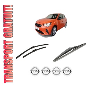 Set 3 stergatoare OPEL CORSA F (P2JO) din 2019-2023, pentru parbriz si luneta fata si spate auto, Bosch Twin-Aerotwin, din cauciuc siliconat rezistent, 4 Stickere Auto OPEL