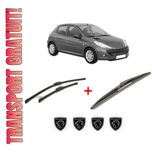 Set 3 stergatoare PEUGEOT 206+ (2L_, 2M_) din 2009 - 2013, pentru parbriz si luneta fata si spate auto, Bosch Twin, din cauciuc siliconat rezistent, 4 Stickere Auto PEUGEOT