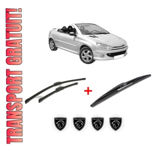 Set 3 stergatoare PEUGEOT 206 CC (2D) din 2000 - 2007, pentru parbriz si luneta fata si spate auto, Bosch Twin, din cauciuc siliconat rezistent, 4 Stickere Auto PEUGEOT