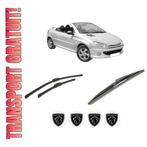 Set 3 stergatoare PEUGEOT 206 CC (2D) din 2000-2007, pentru parbriz si luneta fata si spate auto, Bosch Twin-Aerotwin Retrofit, din cauciuc siliconat rezistent, 4 Stickere Auto PEUGEOT