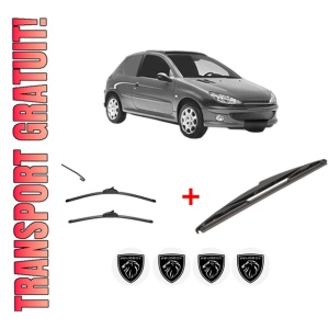 Set 3 stergatoare PEUGEOT 206 Van din 2001 - 2009, pentru parbriz si luneta fata si spate auto, Valeo Silencio, din cauciuc siliconat rezistent, 4 Stickere Auto PEUGEOT