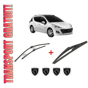 Set 3 stergatoare PEUGEOT 207 SW Estate Van (WK_) din 2007 - 2012, pentru parbriz si luneta fata si spate auto, Valeo Silencio, din cauciuc siliconat rezistent, 4 Stickere Auto PEUGEOT