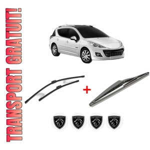 Set 3 stergatoare PEUGEOT 207 SW Estate Van (WK_) din 2007 - 2012, pentru parbriz si luneta fata si spate auto, Bosch Twin, din cauciuc siliconat rezistent, 4 Stickere Auto PEUGEOT
