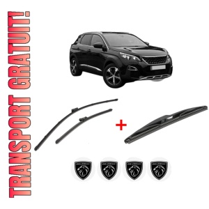 Set 3 stergatoare PEUGEOT 3008 II SUV (MC_, MR_, MJ_, M4_) din 2016 - 2023, pentru parbriz si luneta fata si spate auto, Valeo Silencio, din cauciuc siliconat rezistent, 4 Stickere Auto PEUGEOT