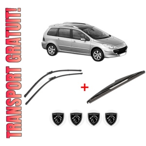Set 3 stergatoare PEUGEOT 307 SW (3H) din 2002 - 2009, pentru parbriz si luneta fata si spate auto, Valeo Silencio, din cauciuc siliconat rezistent, 4 Stickere Auto PEUGEOT