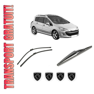 Set 3 stergatoare PEUGEOT 308 SW I (4E_, 4H_) din 2007-2014, pentru parbriz si luneta fata si spate auto, Bosch Twin-Aerotwin, din cauciuc siliconat rezistent, 4 Stickere Auto PEUGEOT