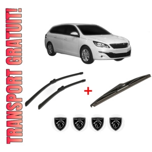 Set 3 stergatoare PEUGEOT 308 SW II Estate Van (LC_) din 2014 - 2021, pentru parbriz si luneta fata si spate auto, Bosch Twin, din cauciuc siliconat rezistent, 4 Stickere Auto PEUGEOT