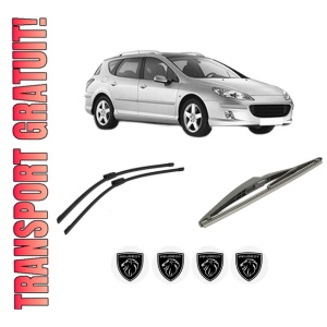 Set 3 stergatoare PEUGEOT 407 SW (6E_, 6D_) din 2004-2010, pentru parbriz si luneta fata si spate auto, Bosch Twin-Aerotwin Multi, din cauciuc siliconat rezistent, 4 Stickere Auto PEUGEOT