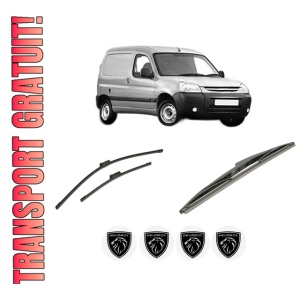 Set 3 stergatoare PEUGEOT PARTNER Box Body/MPV din 2008-2016, pentru parbriz si luneta fata si spate auto, Bosch Twin-Aerotwin, din cauciuc siliconat rezistent, 4 Stickere Auto PEUGEOT