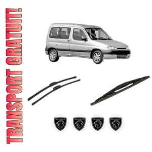Set 3 stergatoare PEUGEOT PARTNER MPV (5_, G_) din 1996-2015, pentru parbriz si luneta fata si spate auto, Bosch Twin-Aerotwin Retrofit, din cauciuc siliconat rezistent, 4 Stickere Auto PEUGEOT