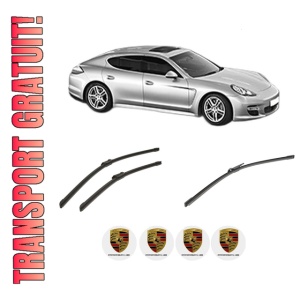 Set 3 stergatoare PORSCHE PANAMERA (970) din 2009-2016, pentru parbriz si luneta fata si spate auto, Bosch Aerotwin-Aerotwin, din cauciuc siliconat rezistent, 4 Stickere Auto PORSCHE