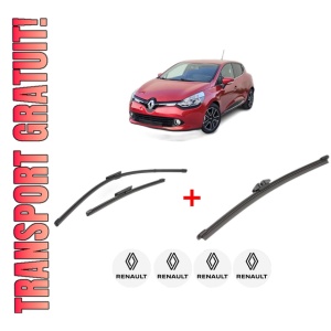 Set 3 stergatoare RENAULT CLIO IV Hatchback Van (BH_) din 2014 - 2021, pentru parbriz si luneta fata si spate auto, Valeo Silencio, din cauciuc siliconat rezistent, 4 Stickere Auto RENAULT