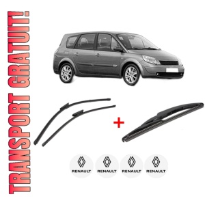 Set 3 stergatoare RENAULT GRAND SCENIC II (JM0/1_) din 2004 - 2009, pentru parbriz si luneta fata si spate auto, Valeo Silencio, din cauciuc siliconat rezistent, 4 Stickere Auto RENAULT