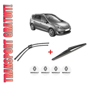 Set 3 stergatoare RENAULT GRAND SCENIC III (JZ0/1_) din 2009 - 2016, pentru parbriz si luneta fata si spate auto, Valeo Silencio, din cauciuc siliconat rezistent, 4 Stickere Auto RENAULT