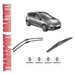 Set 3 stergatoare RENAULT GRAND SCENIC III (JZ0/1_) din 2009-2016, pentru parbriz si luneta fata si spate auto, Bosch Twin-Aerotwin, din cauciuc siliconat rezistent, 4 Stickere Auto RENAULT