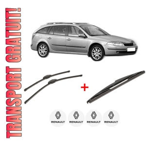 Set 3 stergatoare RENAULT LAGUNA II Grandtour (KG0/1_) din 2001 - 2007, pentru parbriz si luneta fata si spate auto, Valeo Silencio, din cauciuc siliconat rezistent, 4 Stickere Auto RENAULT