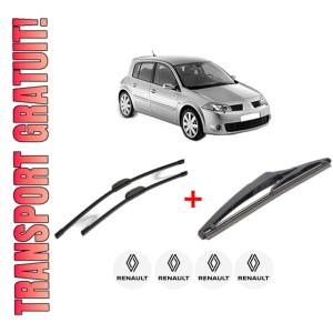 Set 3 stergatoare RENAULT MEGANE II (BM0/1_, CM0/1_) din 2002 - 2009, pentru parbriz si luneta fata si spate auto, Bosch Twin, din cauciuc siliconat rezistent, 4 Stickere Auto RENAULT