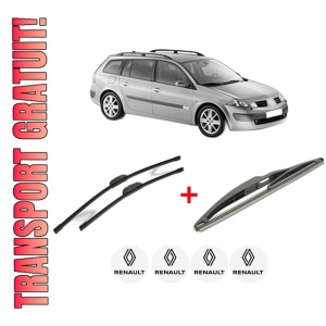 Set 3 stergatoare RENAULT MEGANE II Estate (KM0/1_) din 2003 - 2011, pentru parbriz si luneta fata si spate auto, Bosch Twin, din cauciuc siliconat rezistent, 4 Stickere Auto RENAULT