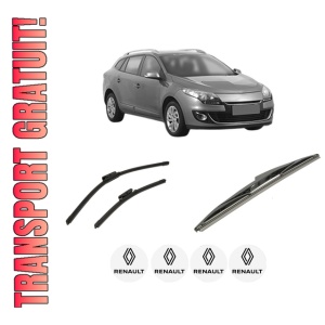 Set 3 stergatoare RENAULT MEGANE III Combi Van (KZ0/1) din 2009-2015, pentru parbriz si luneta fata si spate auto, Bosch Twin-Aerotwin, din cauciuc siliconat rezistent, 4 Stickere Auto RENAULT