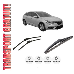 Set 3 stergatoare RENAULT MEGANE IV Grandtour (K9A/M/N_) din 2016-2021, pentru parbriz si luneta fata si spate auto, Bosch Twin-Aerotwin, din cauciuc siliconat rezistent, 4 Stickere Auto RENAULT